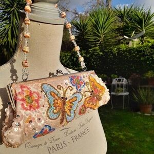 pink multicolored satin sequin beaded butterflies and flowers shoulder bag